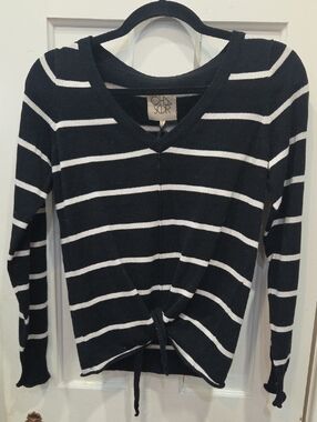 Chaser Black and White Striped V-Neck Tie-Front Top